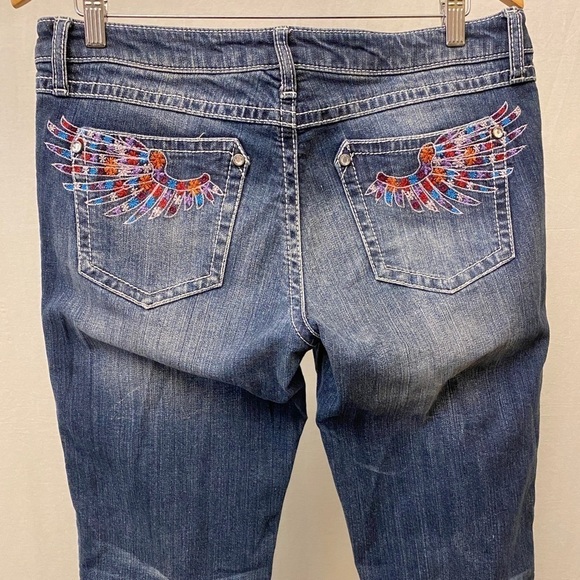 Wrangler 9/10 Rock 47 Ultra Low Rise Jeans Bootcut Womens Colorful Wings Stretch - Picture 6 of 13